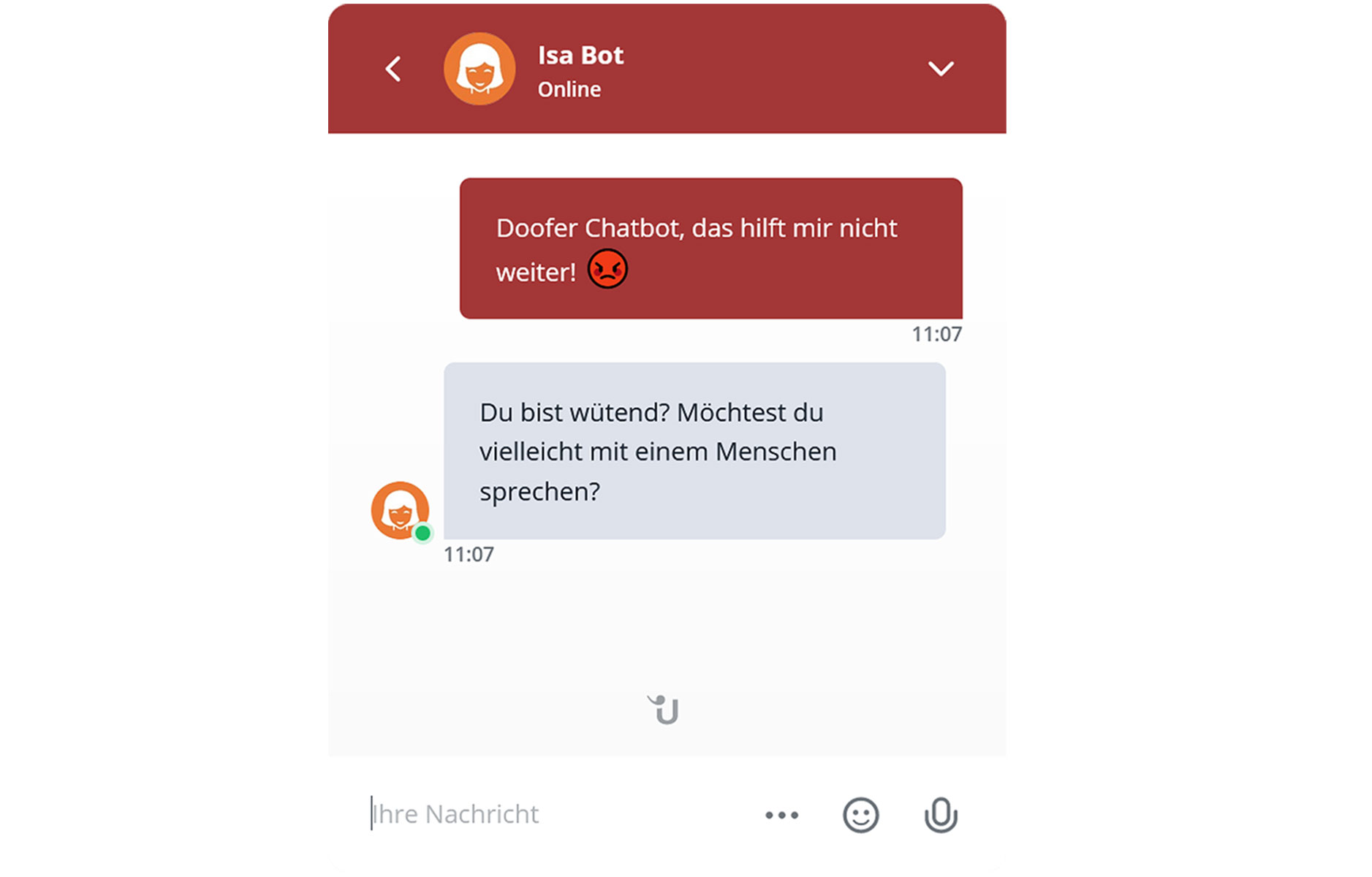 Ausschnitt eines Dialogs zwischen einem Chatbot und Kunden