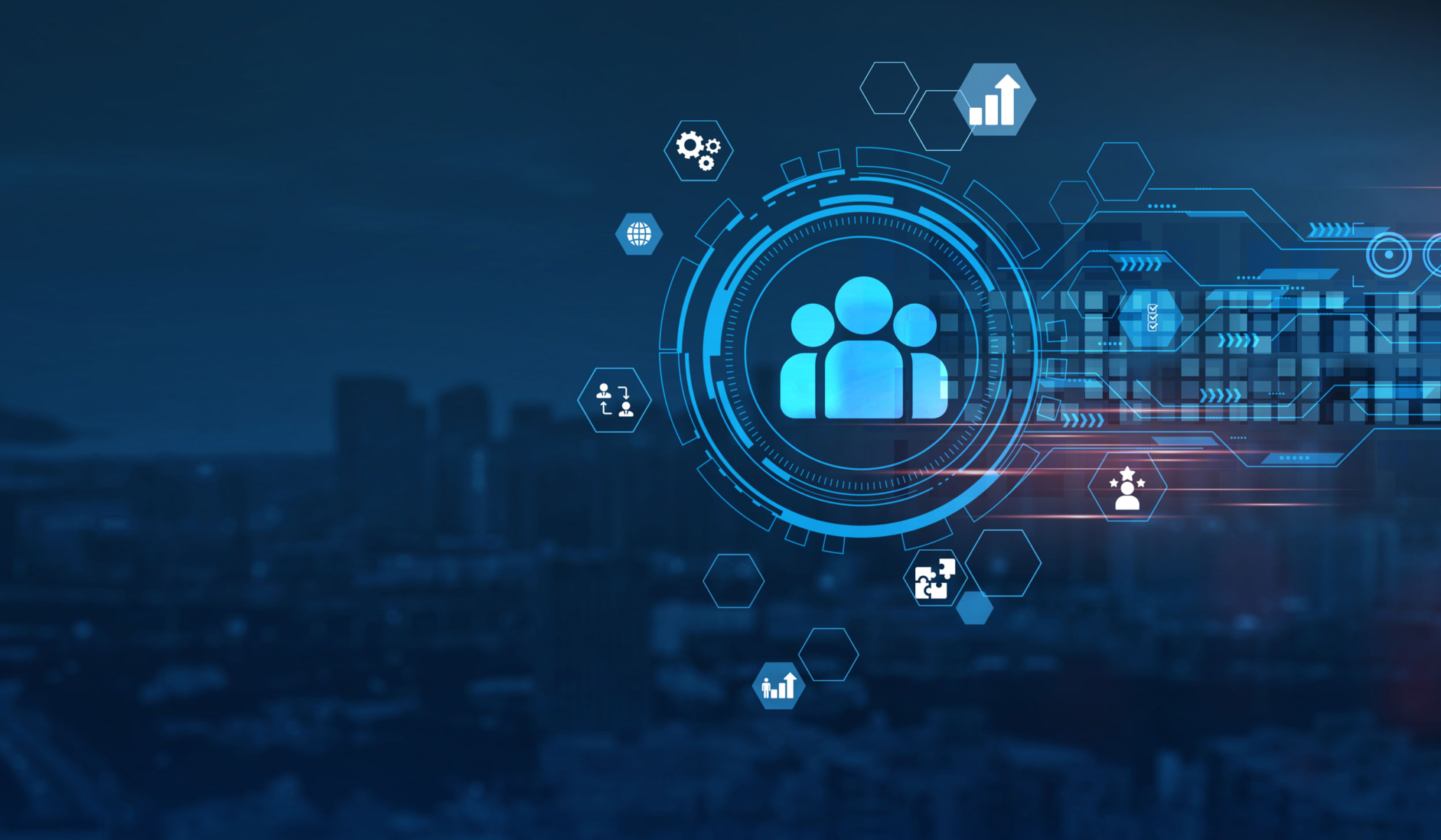 BPO-Motiv Digitale Symbole von Menschen und Graphen über einer Stadtlandschaft, die Technologie und Daten symbolisieren.