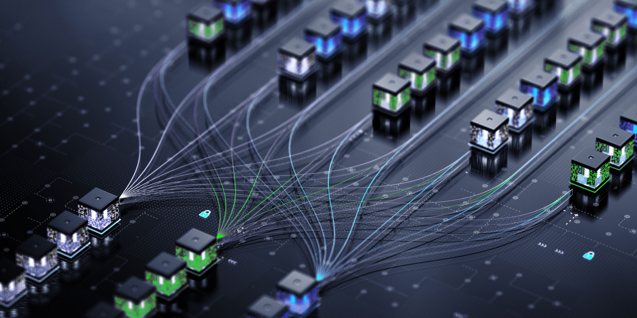 ai-motiv2 Reihen verbundener leuchtender Würfel mit digitalen Schaltkreisen, die den Datenfluss oder die Blockchain darstellen.