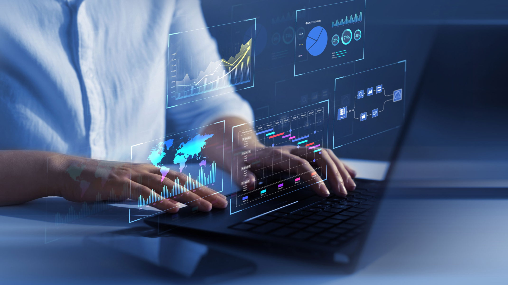 service-motiv Person, die einen Laptop mit digitalen Datentabellen und Diagrammen über der Tastatur benutzt.