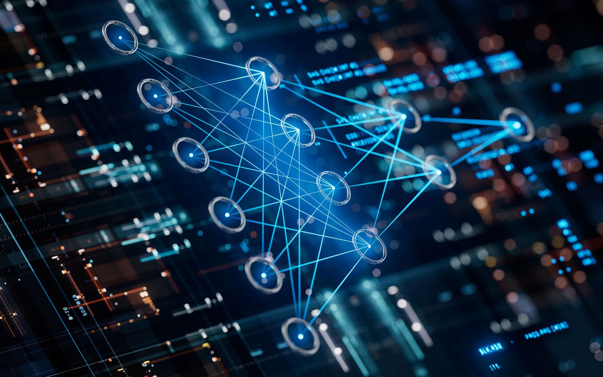 systemberatung-motiv Digitales Rendering eines Diagramms eines neuronalen Netzes, das einen futuristischen Leiterplattenhintergrund überlagert.