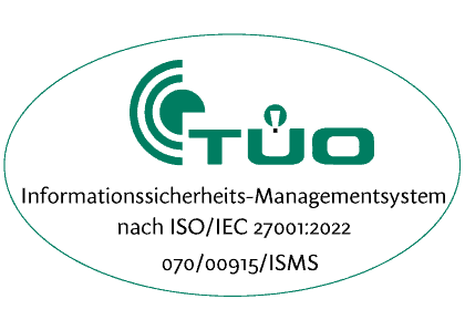 TÜO-Logo für die Zertifizierung nach ISO/IEC 27001:2022 für Informationssicherheits-Managementsysteme.